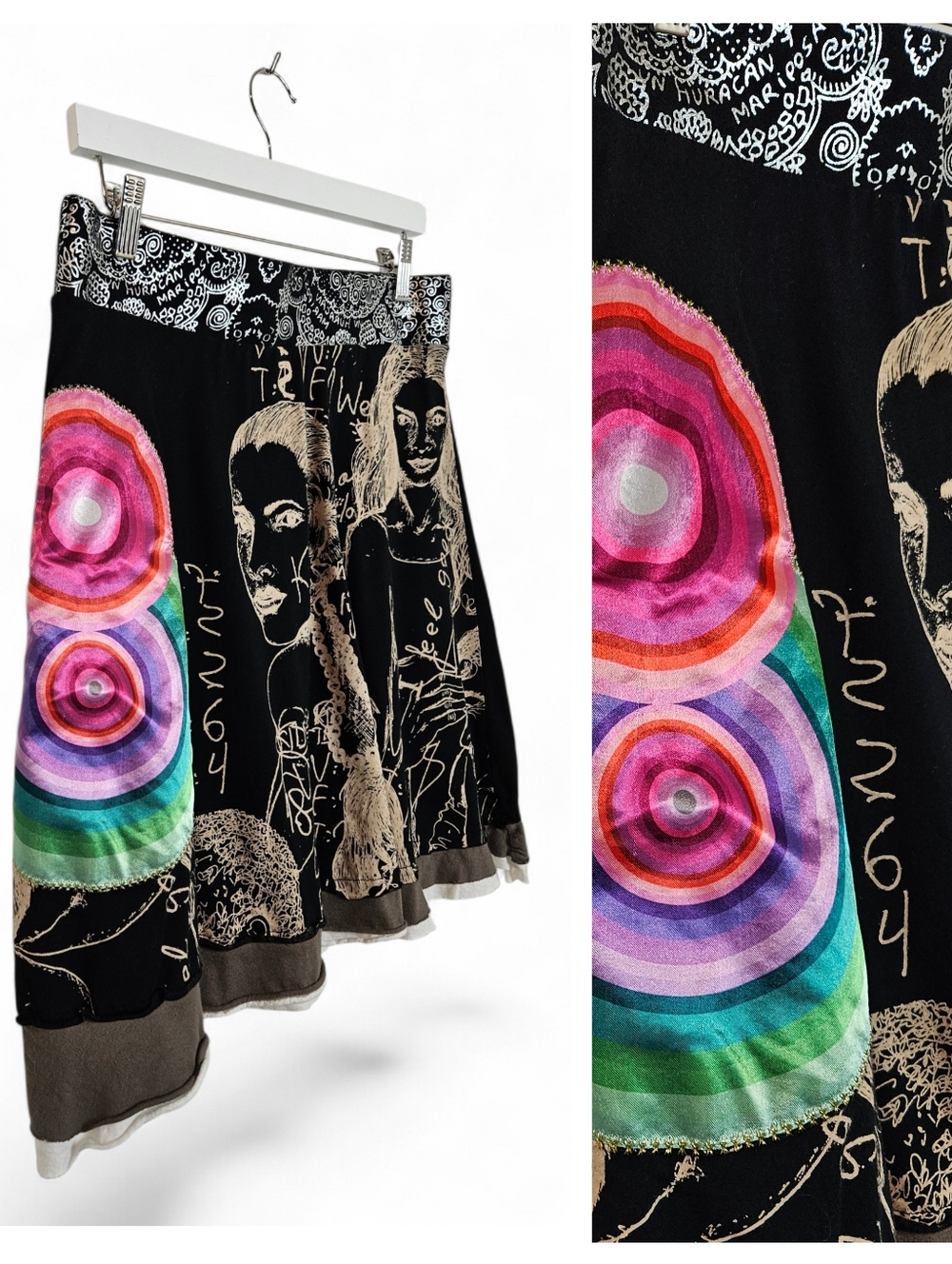 Desigual Brasilia A-Line Skirt L Y2K Doodle Art Patchwork Tiered